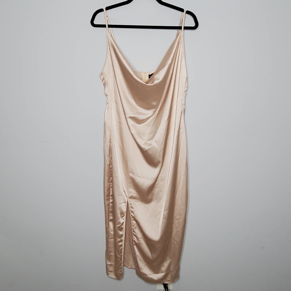 PRETTYLITTLETHING Champagne Satin Strappy Cowl Neck Sleeveless Midi Dress Sz 12 - Picture 2 of 8